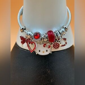 Hello Kitty Silver and Red Charm Bracelet with Playful Accents Adjustable Band